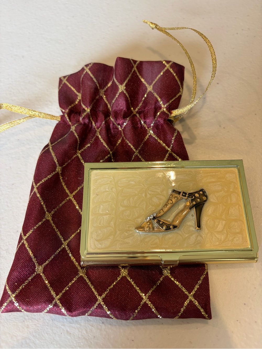 Fashion High Heel Enameled Business Card Holder Gold Tone